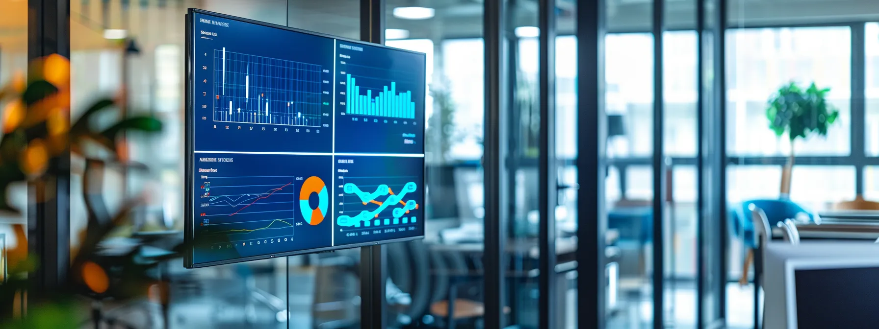a sleek, modern office setting features a digital dashboard displaying vibrant analytics graphs and charts, symbolizing real estate marketing strategies focused on conversion tracking and audience targeting.