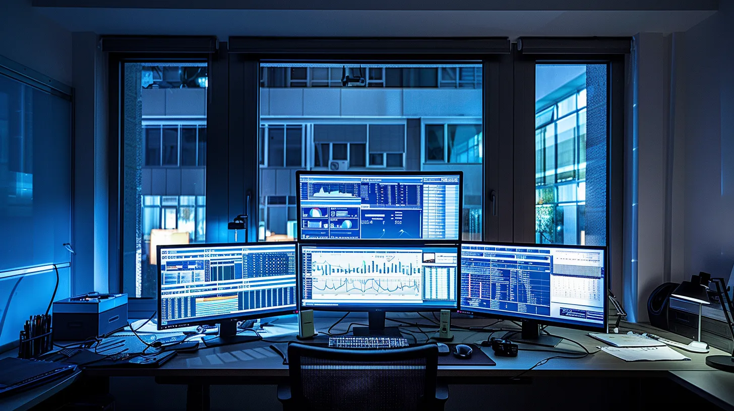 a sleek, modern office space features a large computer monitor displaying performance indicators and security measures, with a neatly organized desk showcasing productivity tools, all illuminated by bright, focused lighting that emphasizes efficiency and professionalism.