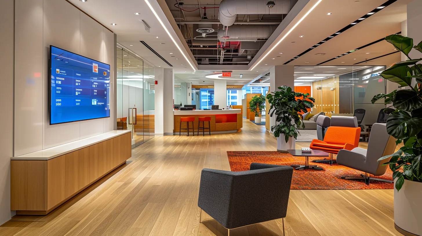 a sleek, modern office space features a large digital display showcasing an intuitive navigation menu, highlighted by vibrant visuals and clear contact information, creating an inviting atmosphere for potential clients and loan officers engaged in enhancing user experience through functional design.