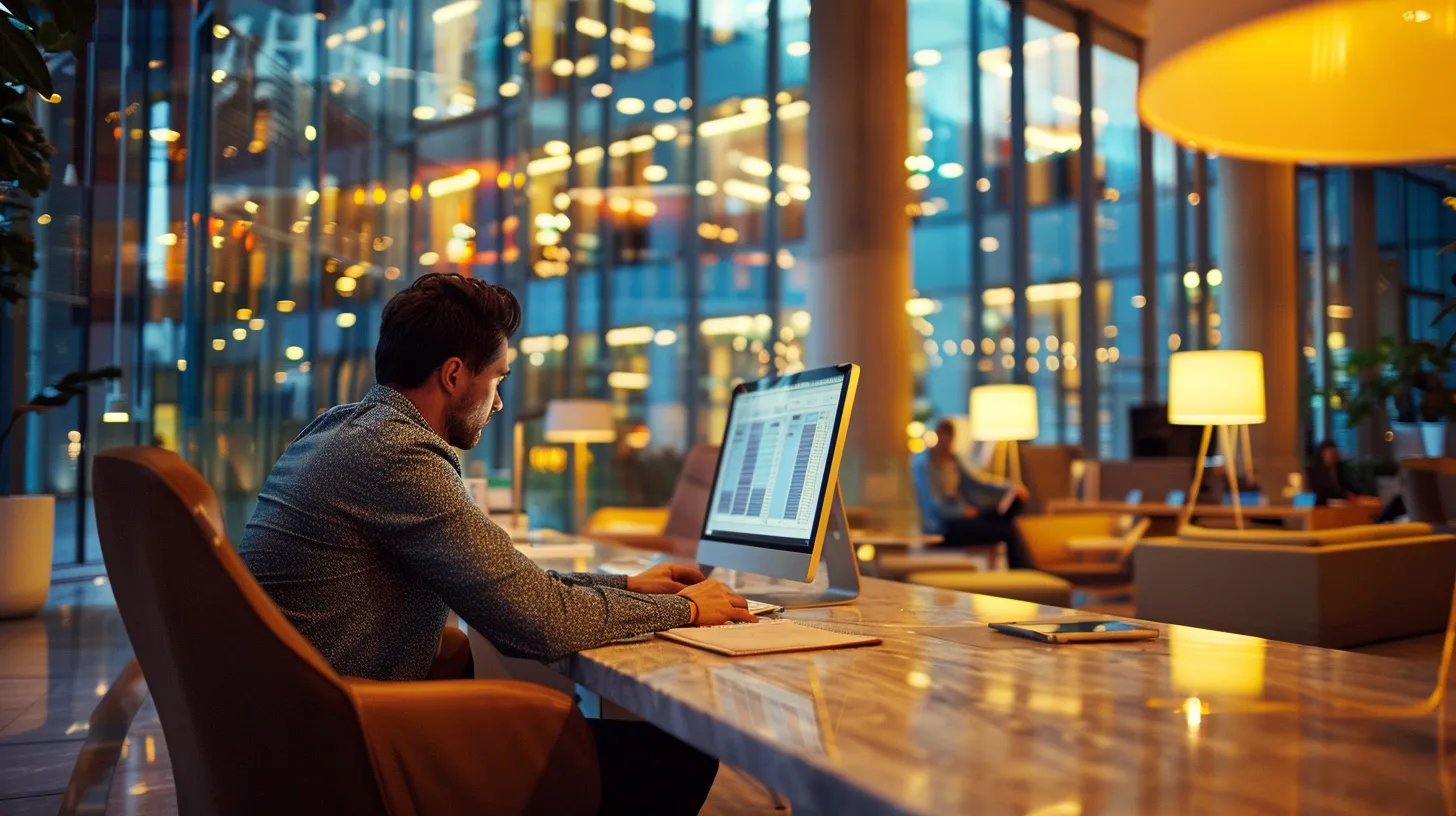 a sleek, modern office space is illuminated by soft, focused lighting, showcasing a professional at a computer screen analyzing data and crafting digital strategies for enhancing online search visibility in real estate.
