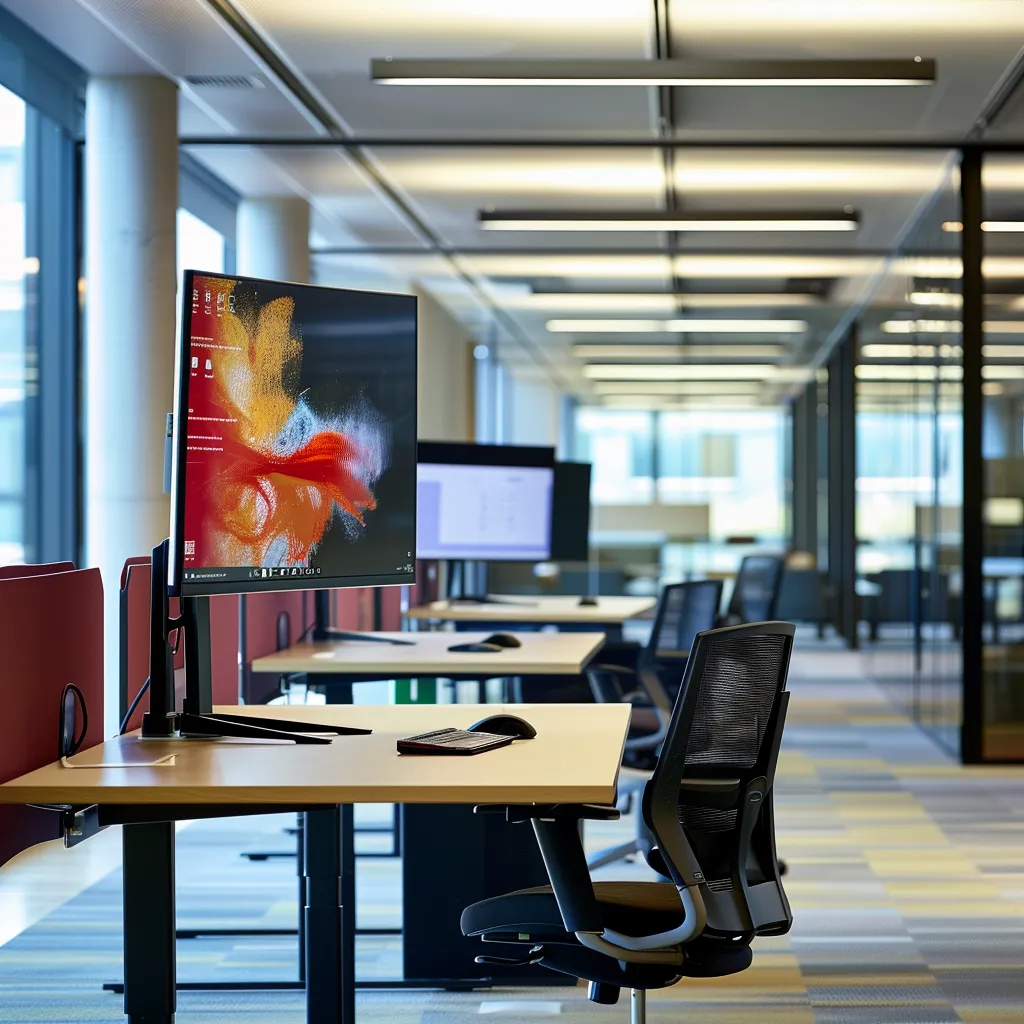 a sleek, modern office space filled with dynamic, collaborative energy, featuring contemporary furniture and vibrant digital displays showcasing innovative ideas and projects in action.