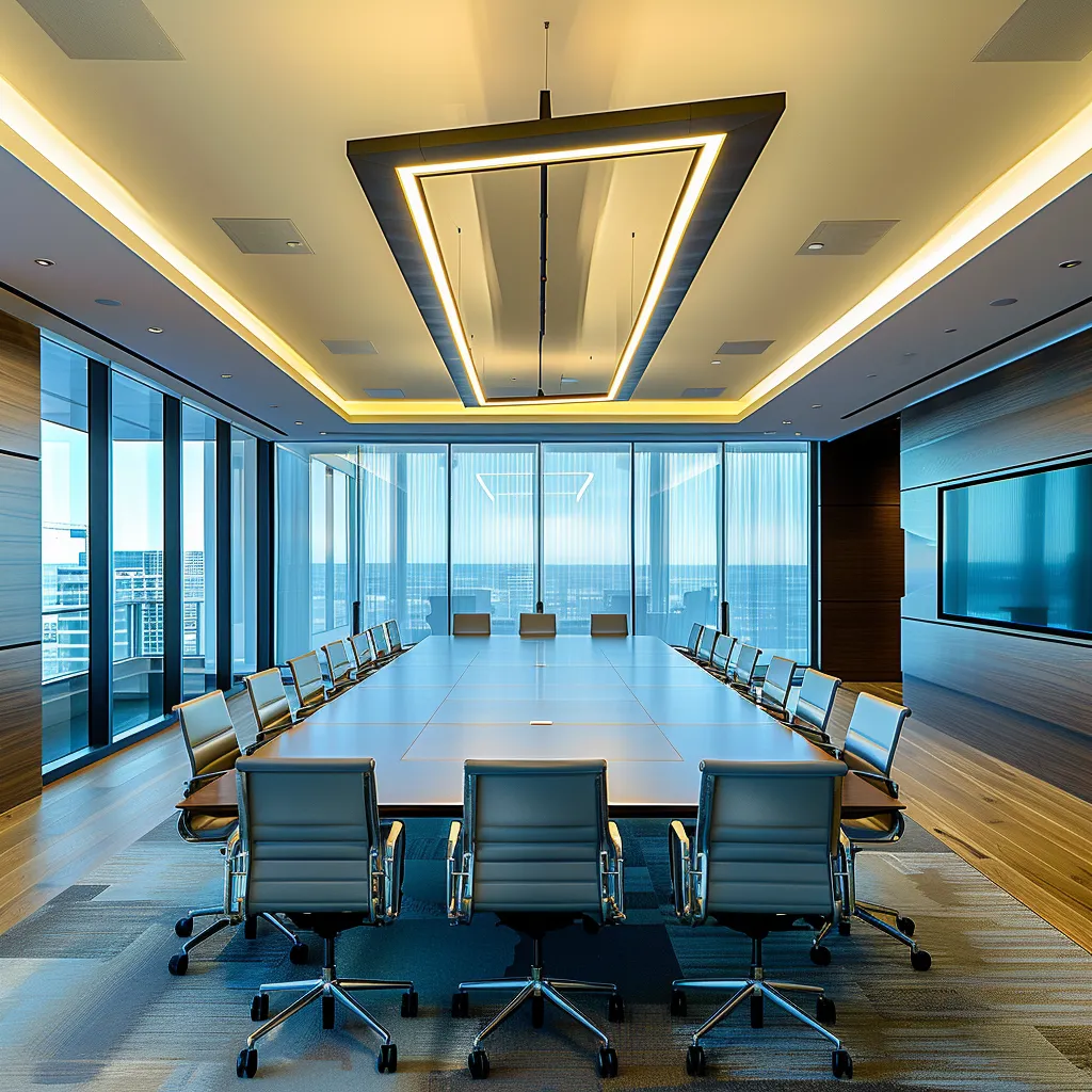 a sleek, modern office space features a large conference table surrounded by ergonomic chairs, illuminated by dramatic overhead lighting, creating an atmosphere of professionalism and innovation.