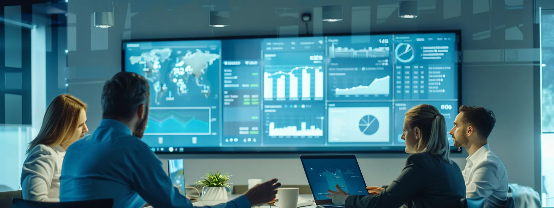 a sleek, modern office space showcases a real estate crm software dashboard on a large screen, with professionals collaborating over digital listings and virtual tours, illuminated by bright, focused lighting that highlights their engaged expressions.