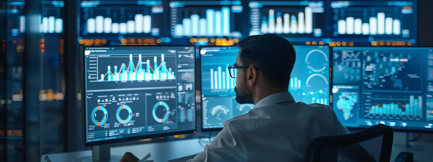 a sleek, modern office space features a focused professional analyzing data on multiple monitors, with dynamic visual graphs and a/b testing results illuminating the screen, embodying the theme of optimizing lead tracking strategies for enhanced advertising performance.