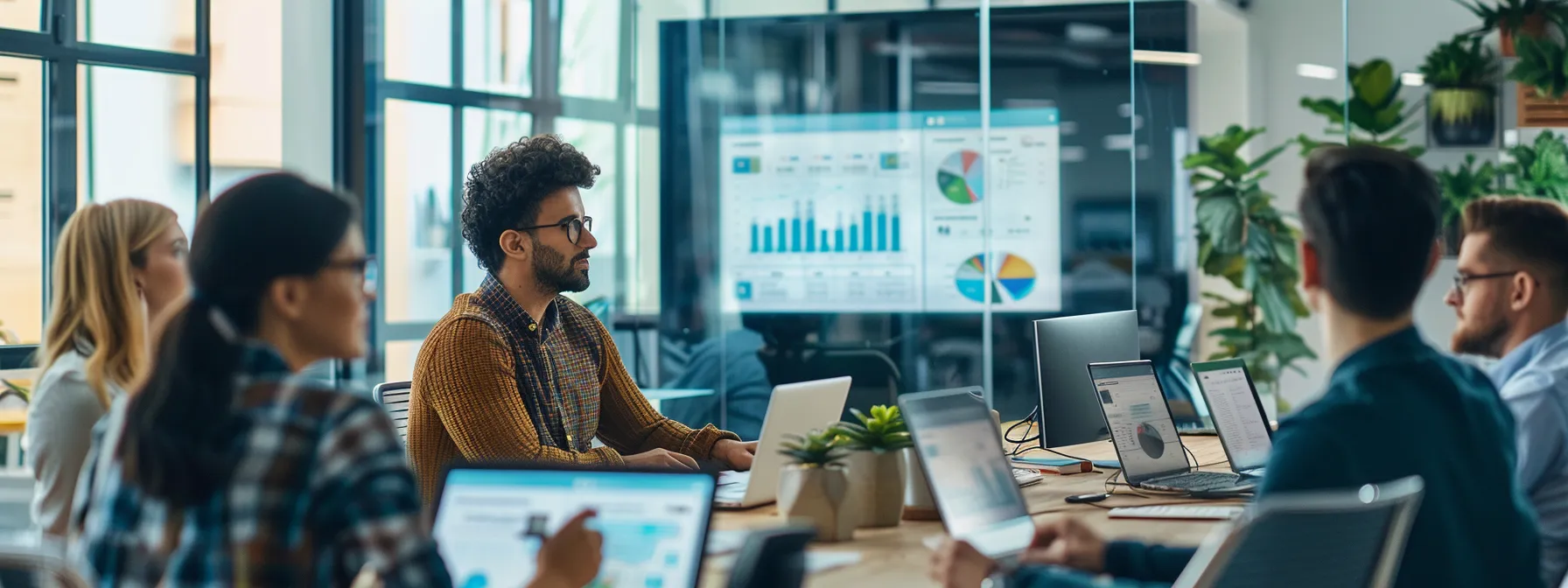a sleek, modern office workspace features a large digital display showcasing crm software analytics, surrounded by vibrant, engaged colleagues collaborating on strategies to enhance client relationships and streamline workflows.