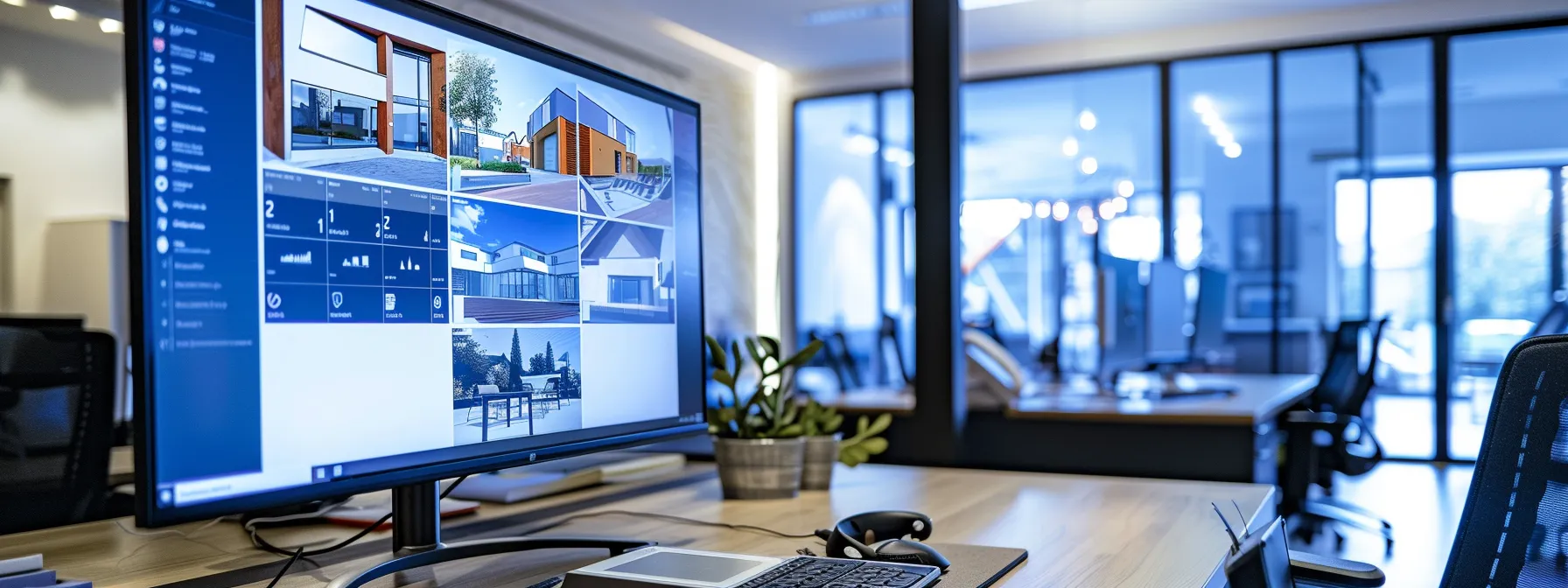 a sleek, modern office workspace features a large monitor displaying vibrant, high-quality property images and engaging video tours, surrounded by an array of insightful market reports and testimonials, all illuminated by bright, focused lighting that conveys professionalism and creativity.