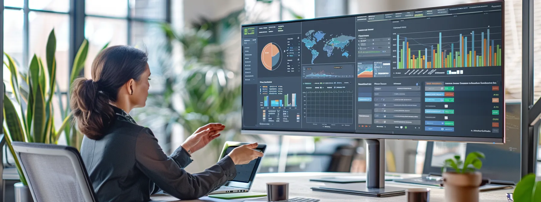 a sleek, modern office workspace showcases a dynamic crm dashboard on a large screen, featuring vibrant kanban boards for task management, with a realtor engaged in focused discussion with clients in a contemporary setting.