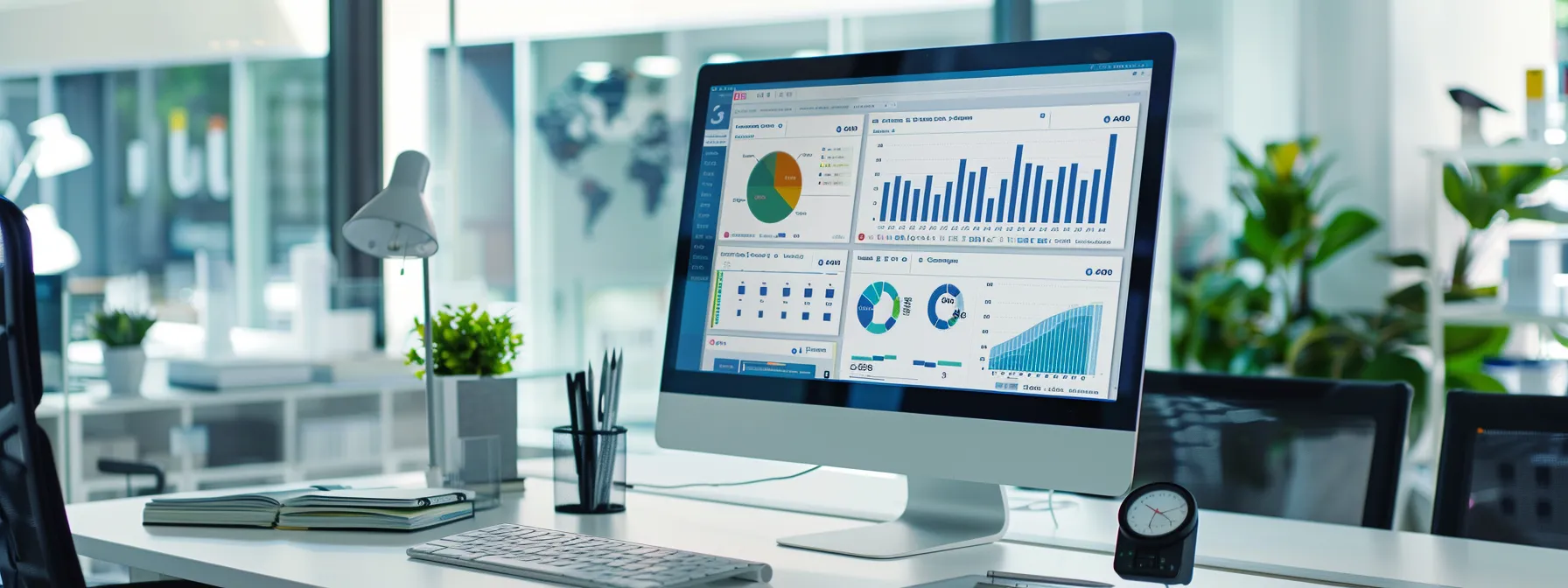a sleek, modern office workspace showcases a large monitor displaying colorful graphs and analytics dashboards from google analytics, with a well-organized desk featuring high-tech tools and software applications, emphasizing data-driven lead performance tracking.