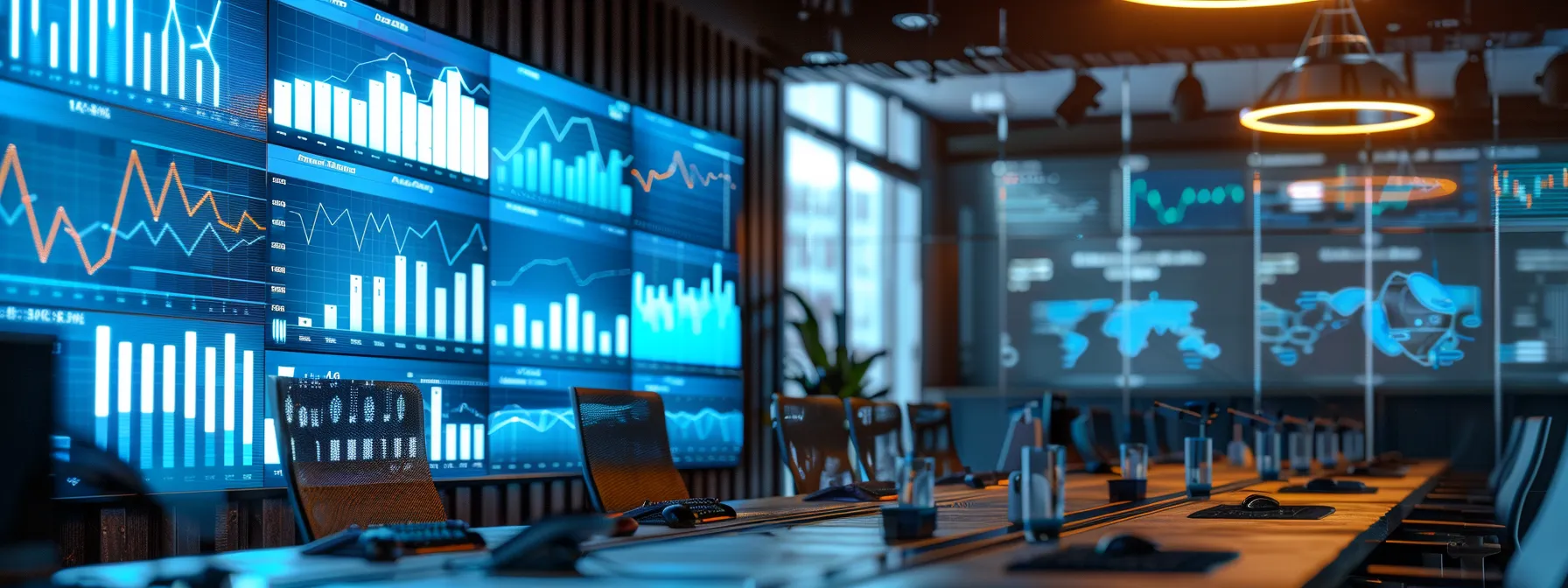 a sleek, modern office workspace features a large screen displaying dynamic graphs and data metrics related to realtor lead tracking, illuminated by focused overhead lights that emphasize the organized chaos of a high-tech strategy session.