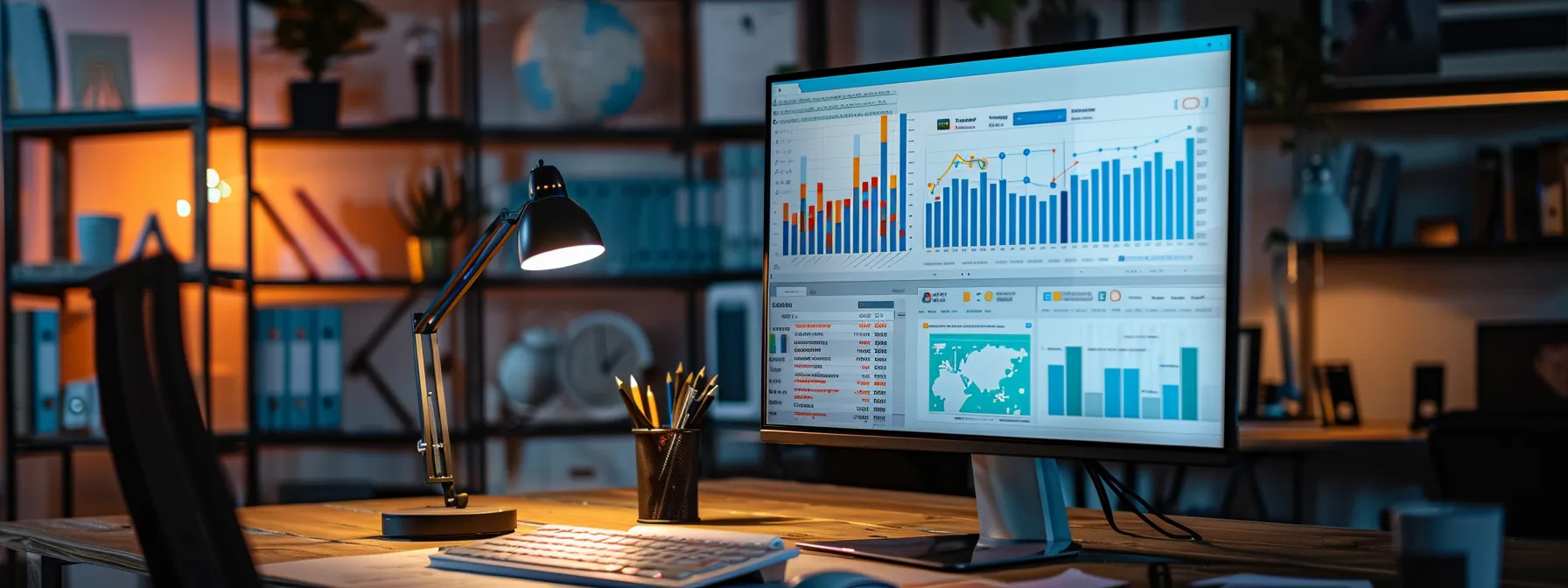 a sleek, modern office workspace features a large computer monitor displaying vibrant google analytics reports, with colorful graphs and charts showcasing real estate data insights, all illuminated by soft, focused overhead lighting.