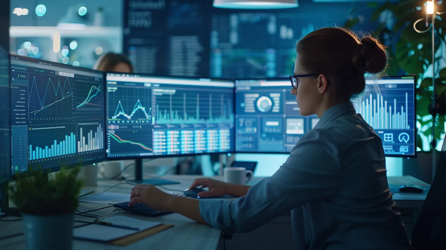 a sleek, modern office workspace showcases a professional at a high-tech computer, analyzing real estate market data on a vibrant screen while surrounded by dynamic digital displays of updated listings and graphs, reflecting a commitment to engaging website content.