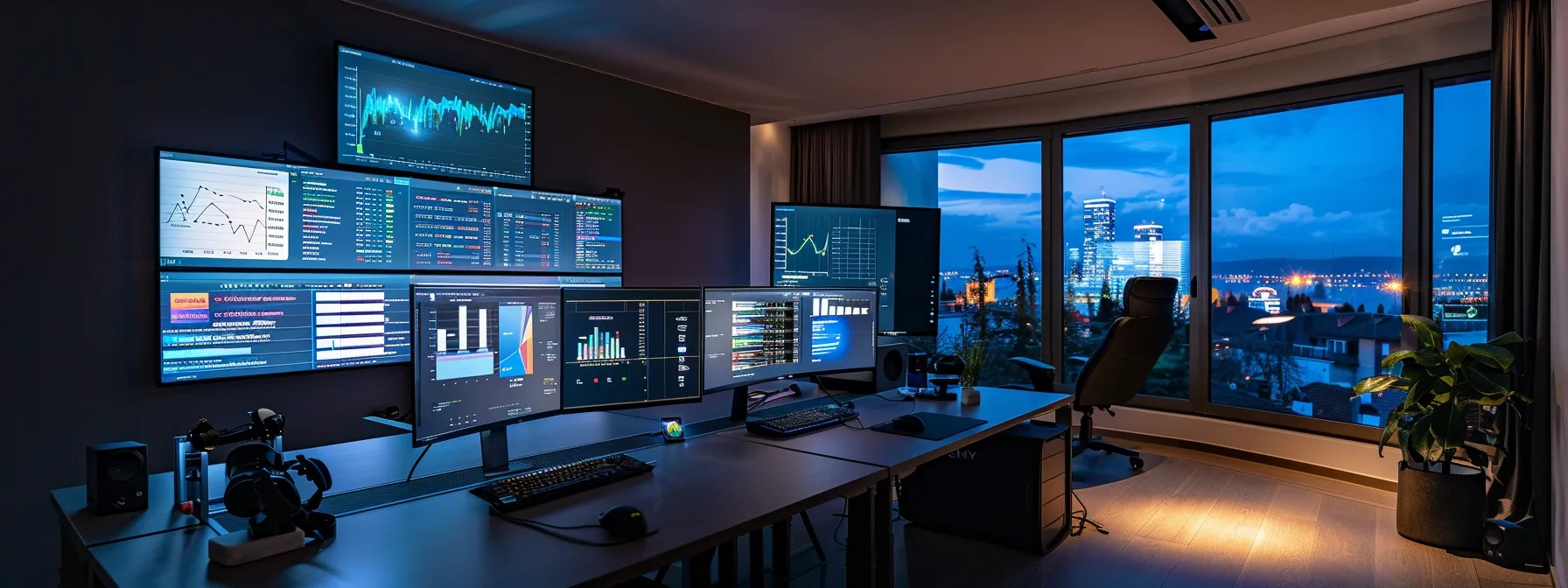 a sleek, modern office workspace features multiple screens displaying vibrant analytics dashboards and digital marketing tools, showcasing the dynamic process of enhanced tracking for realtor leads, illuminated by focused led lighting.