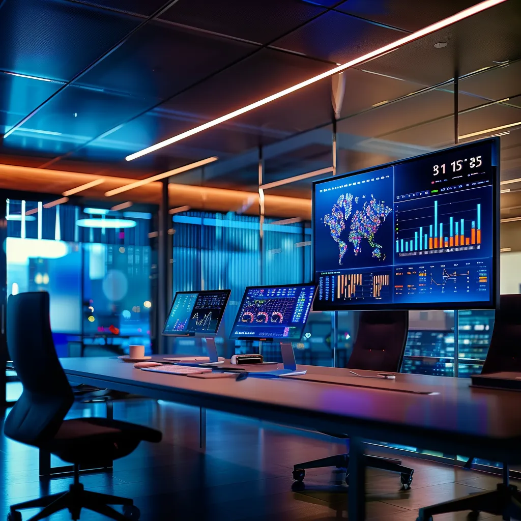 a sleek, modern office workspace features a vibrant digital dashboard displaying real-time data, with ambient lighting accentuating the high-tech atmosphere.