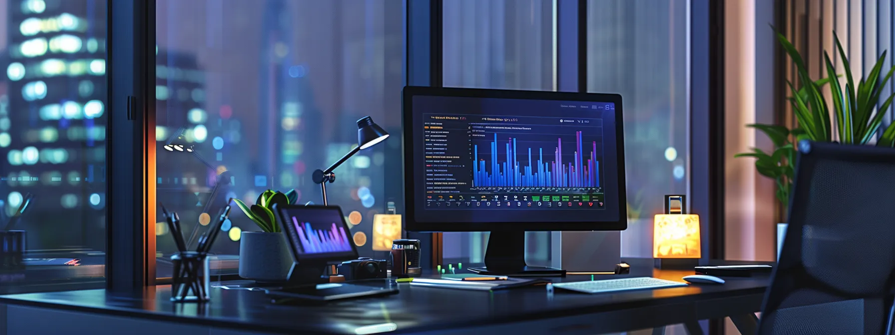 a sleek, modern office workspace showcases a high-end computer displaying a realtor's professional website, complemented by an organized desk featuring digital marketing tools and a glowing tablet displaying social media analytics, all illuminated by focused indoor lighting to emphasize a dynamic online presence.