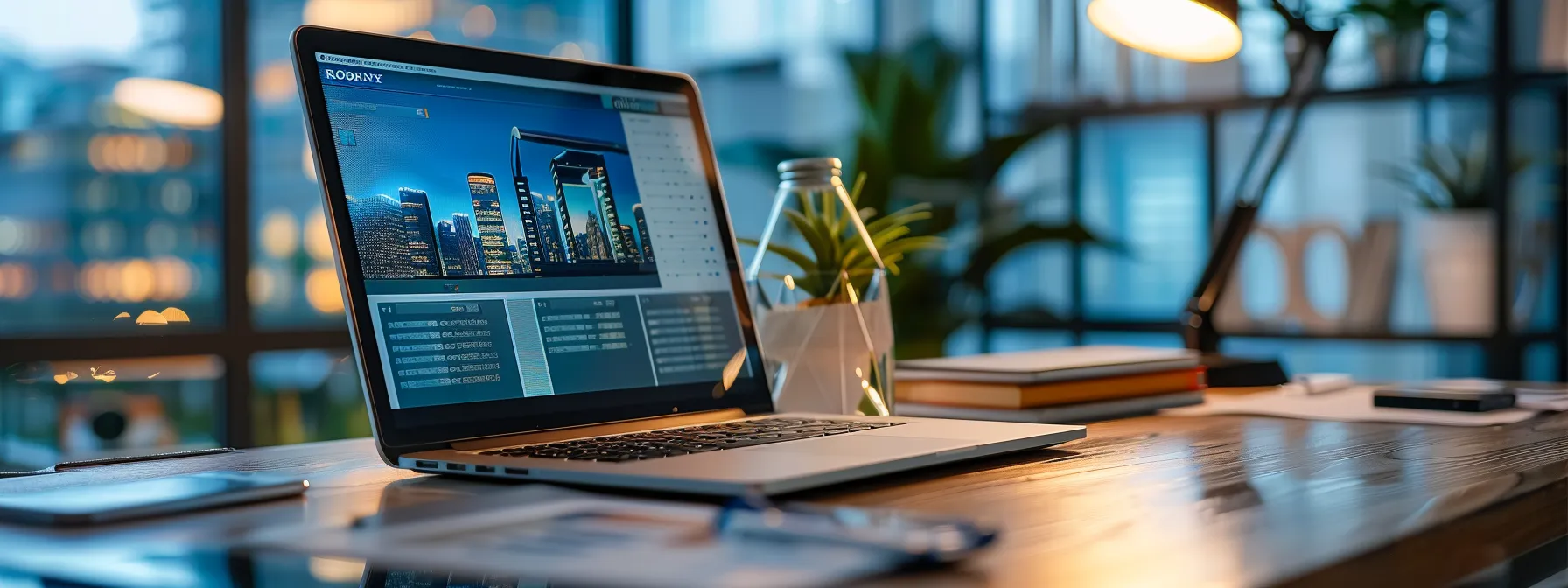 a sleek, modern real estate website interface is displayed on a brightly lit laptop screen, showcasing innovative features and elegant layouts that clearly communicate professionalism and success in digital presence.