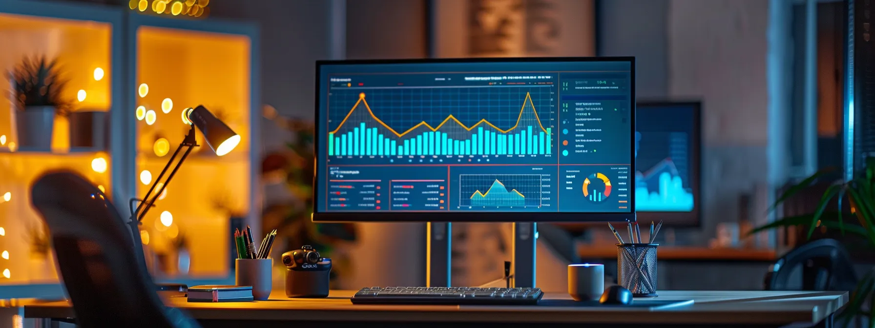 a sleek office workspace features a modern computer screen displaying vibrant analytics graphs and tracking code snippets, illuminated by soft ambient lighting, symbolizing the efficient installation of google analytics to enhance digital marketing strategies.