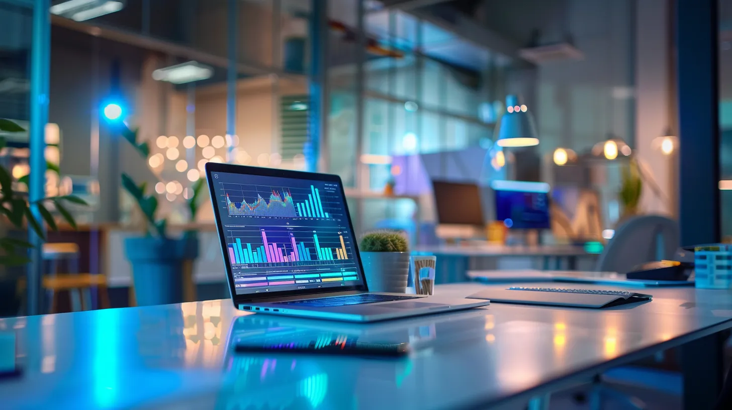 a sleek office workspace showcases a modern laptop displaying a vibrant, mobile-responsive website design, surrounded by digital marketing elements like colorful charts and touch-friendly navigation icons, all under dynamic, focused lighting that highlights the efficiency and engagement of the digital experience.