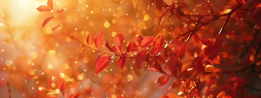 a vibrant autumn landscape unfolds with a brilliant tapestry of red and gold leaves cascading from towering trees, illuminated by the soft, golden light of the setting sun filtering through the branches.