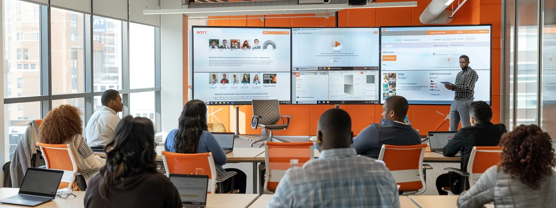 a vibrant, modern office setting showcases a diverse group of professionals engaged in a dynamic brainstorming session, utilizing digital screens displaying various social media platforms like facebook, instagram, linkedin, and youtube, emphasizing the strategic selection of channels for driving traffic and enhancing engagement.