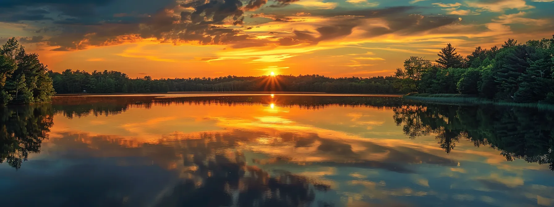 a vibrant sunset casts warm golden hues over a serene lake, reflecting the colorful sky and silhouetted trees, evoking a sense of peaceful tranquility.