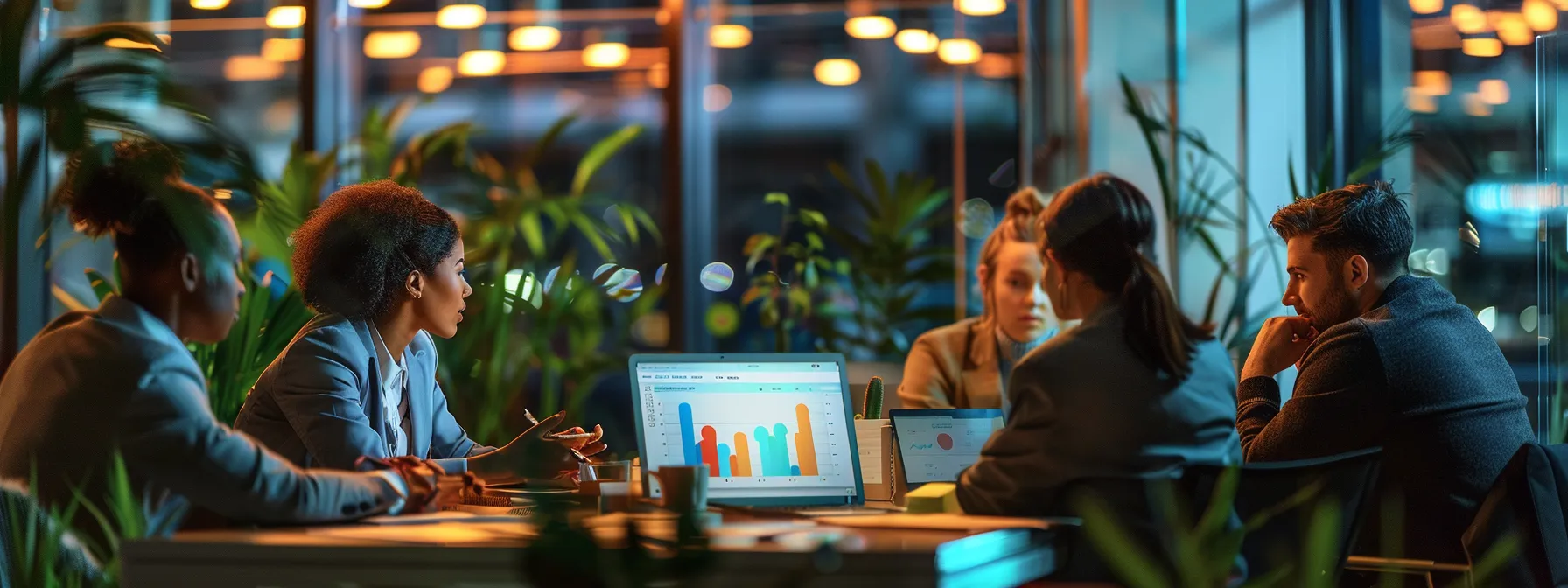 a vibrant urban office space filled with diverse professionals brainstorming around a sleek conference table, illuminated by modern lighting, while a digital display showcases engaging social media metrics and strategic goals on a screen.