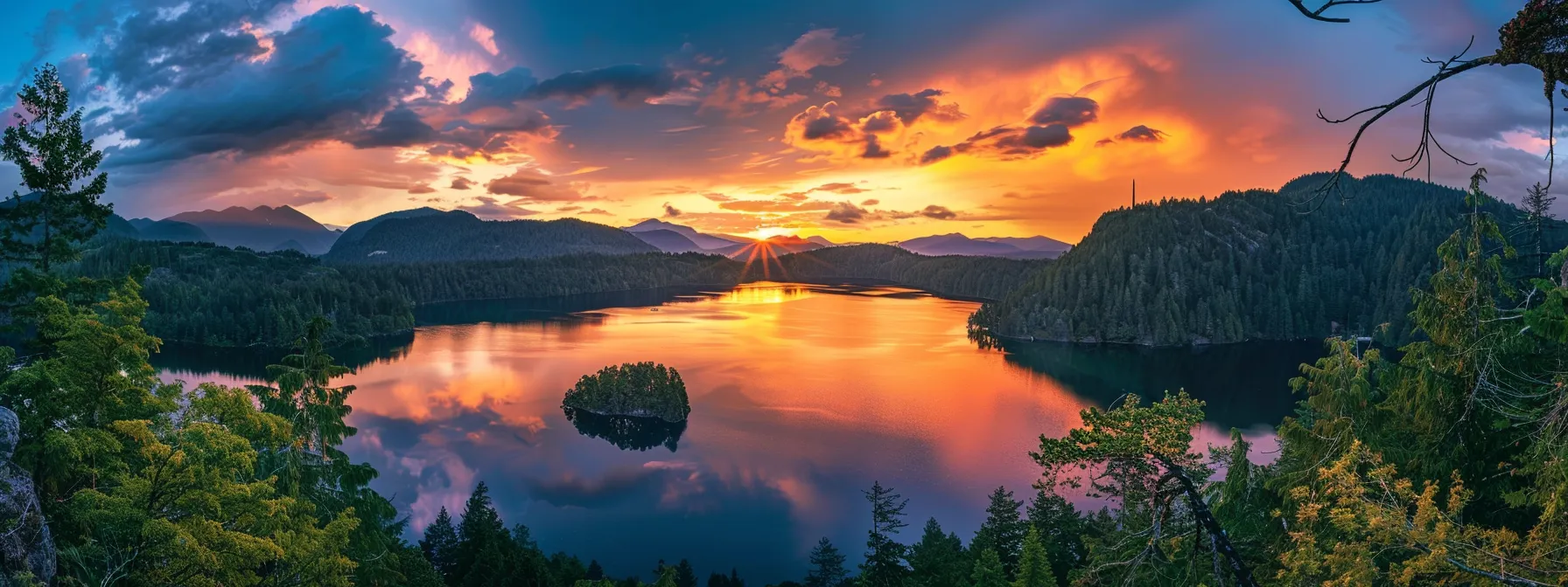 a vivid sunset casts a golden glow over a tranquil lake, reflecting the vibrant hues of the sky while surrounded by lush, verdant forests.
