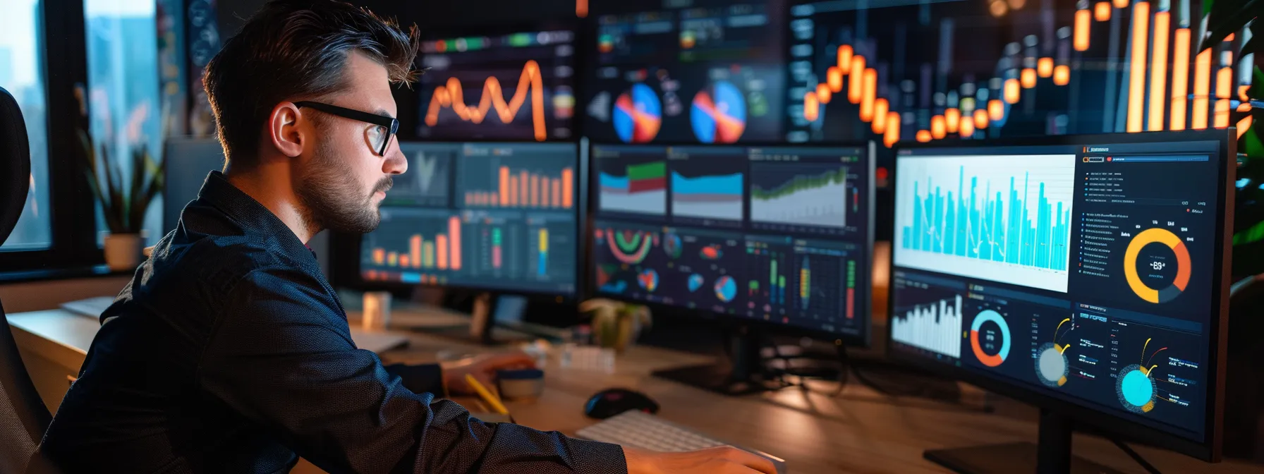 an engaged real estate professional intensely analyzes colorful graphs and charts on multiple monitors in a modern office setting, surrounded by digital dashboards displaying key social media metrics and performance analytics.