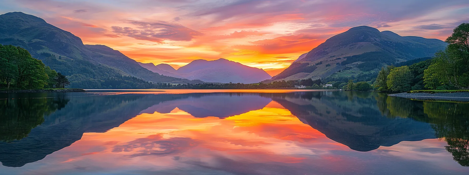 a breathtaking sunset casts vibrant hues of orange and pink across a serene lake, reflecting the colorful sky and surrounding lush greenery in crystal-clear water.