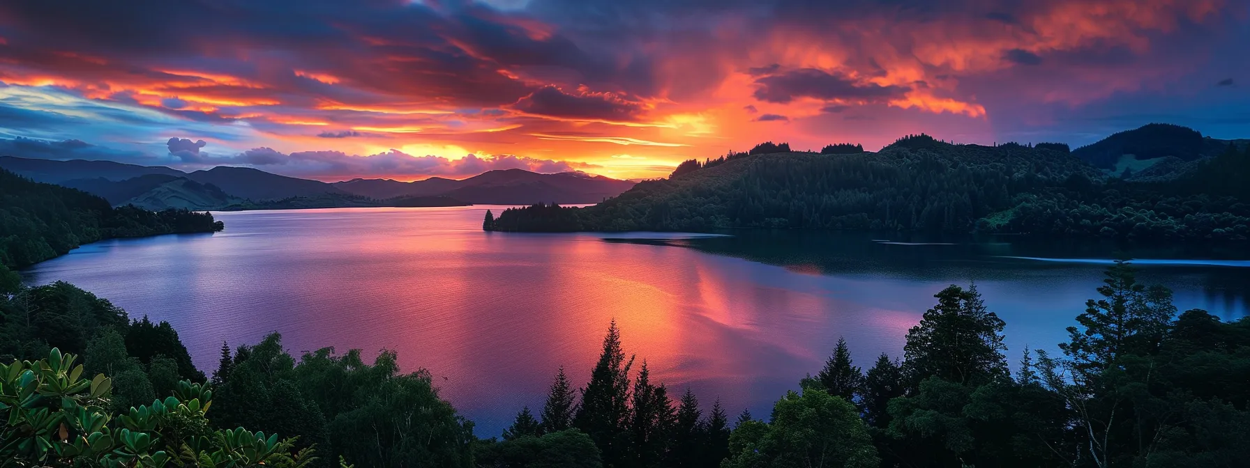 a breathtaking sunset casts vibrant hues of orange and pink across a tranquil lake, reflecting the colorful sky and surrounded by lush, verdant trees, creating a harmonious and serene landscape.
