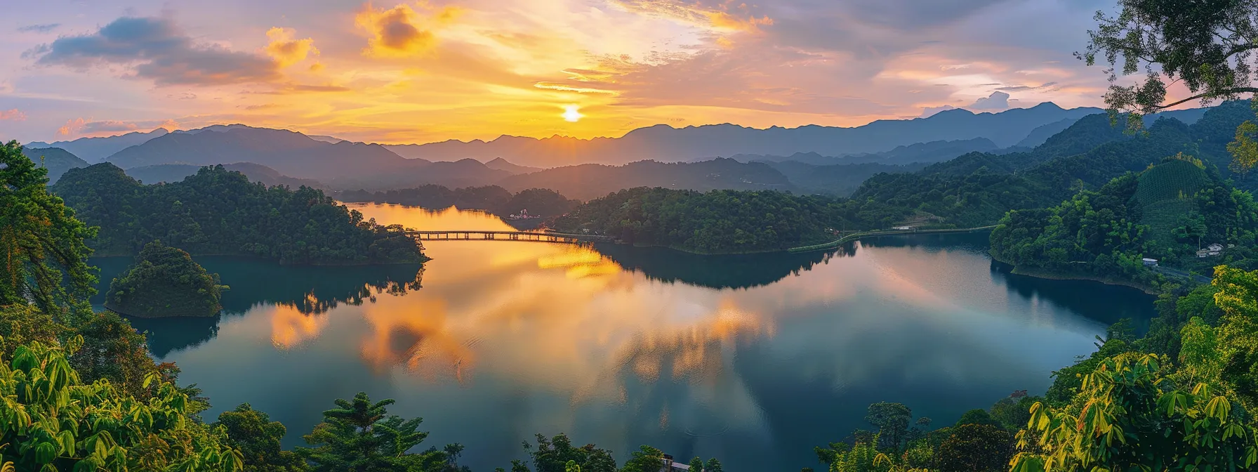 a mesmerizing sunrise bathes a tranquil lake in golden hues, reflecting the vibrant colors of the sky and the surrounding lush greenery, evoking a sense of peace and serenity.