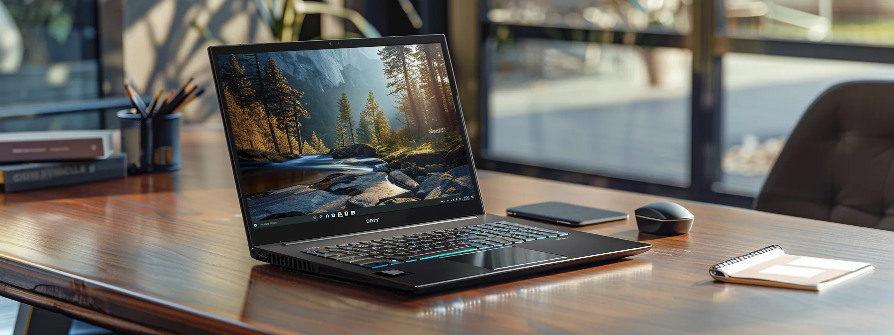 a sleek laptop sits on a polished wooden desk, casting reflections in warm light, surrounded by essential tools like a notepad and laptop stickers, embodying the focused atmosphere of a realtor strategizing to select the perfect hosting plan for their website.
