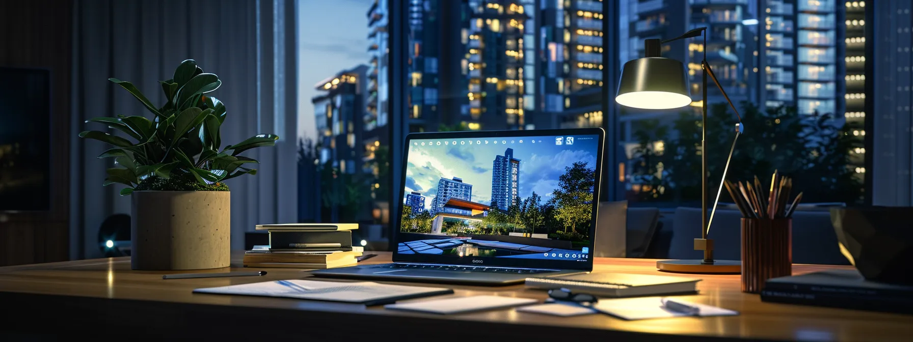 a sleek, modern office desk showcasing an open laptop displaying a vibrant real estate website, surrounded by notepads and a potted plant, illuminated by soft, natural light filtering through a large window, emphasizing professionalism and productivity in selecting hosting solutions.
