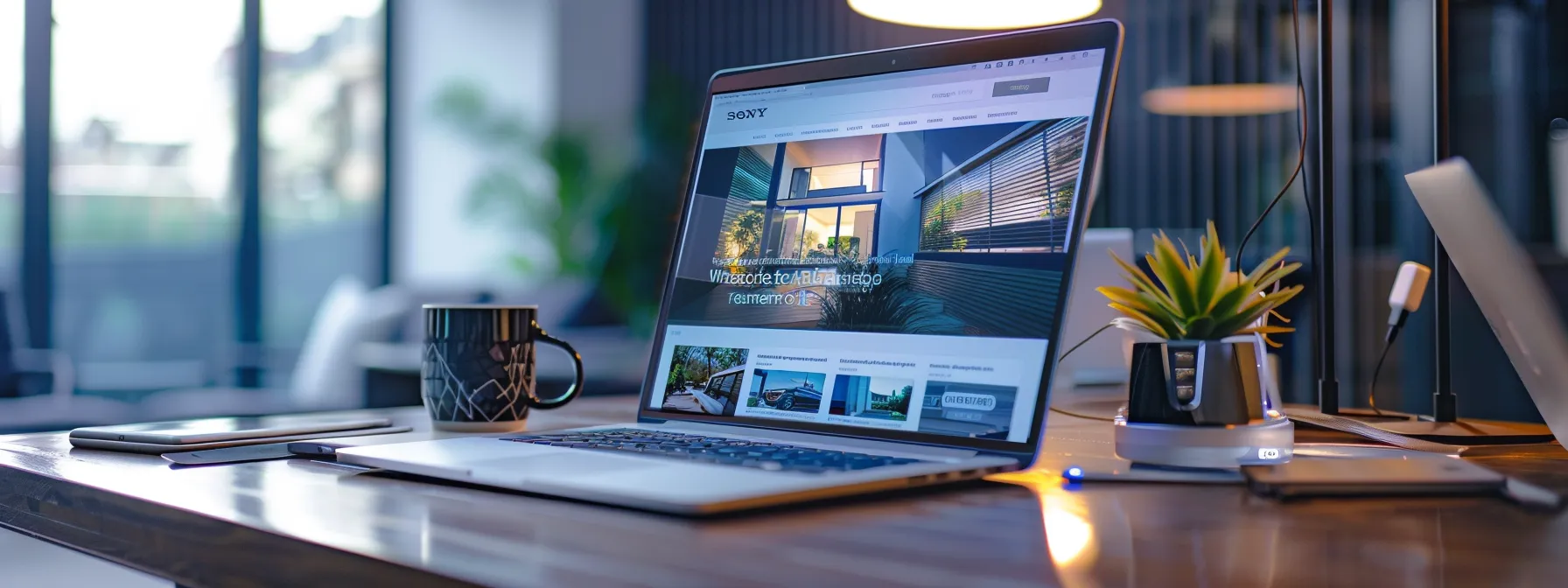 a sleek, modern real estate website displayed on a vibrant laptop screen, glowing with indicators of high performance, security, and seamless integration, set against a bright, professional office background.