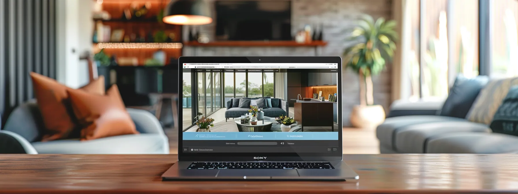 a sleek, modern realtor website displayed on a vibrant laptop screen, showcasing a dynamic property listing interface against a backdrop of a stylish, contemporary workspace illuminated by natural light.