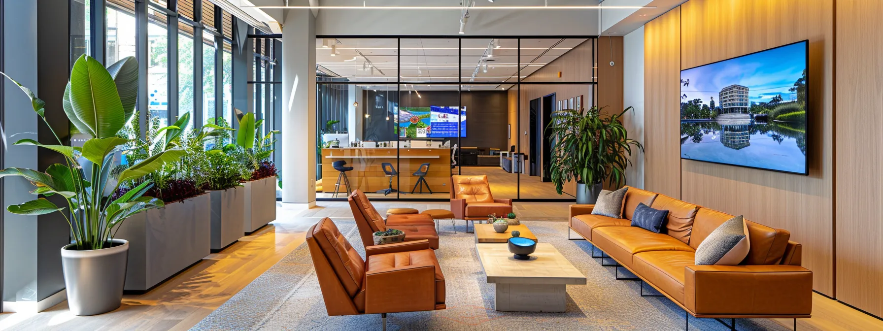 a vibrant high-tech real estate office showcases immersive virtual reality tours on sleek screens, with a modern aesthetic that emphasizes innovation and user engagement.
