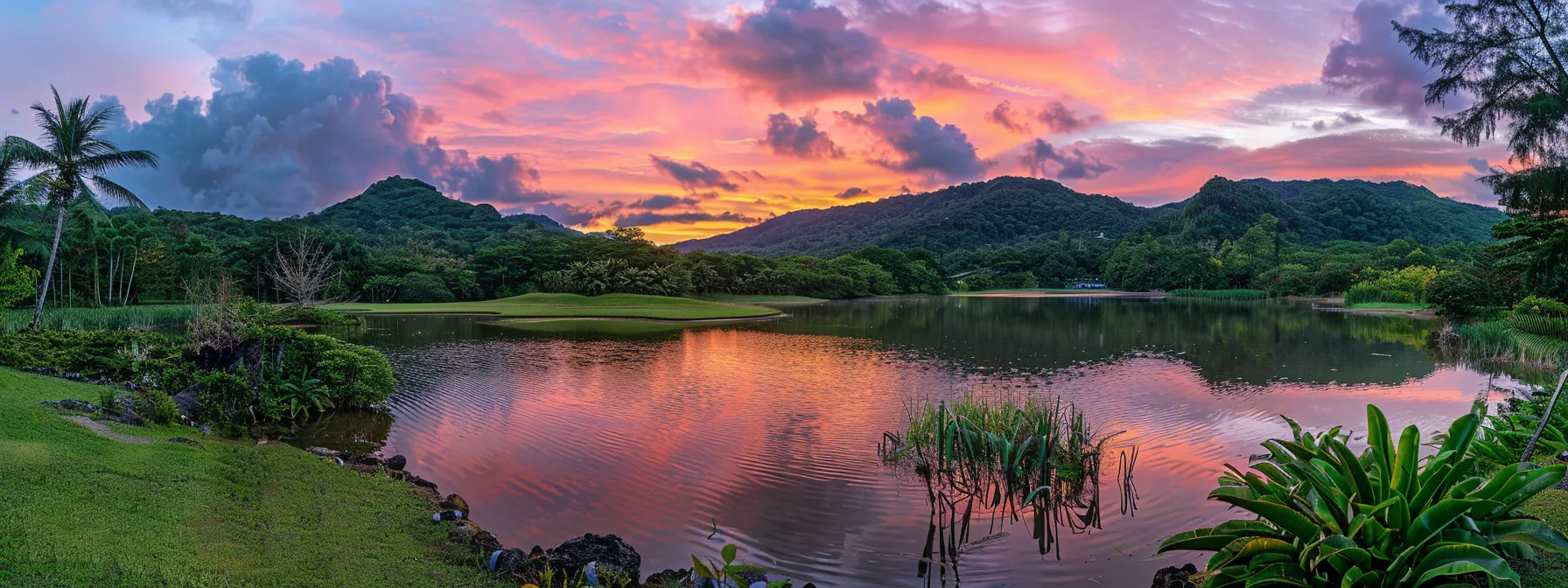 a vibrant sunset casts golden light over a serene lake, reflecting the rich colors of the sky and the lush greenery surrounding the tranquil waters.