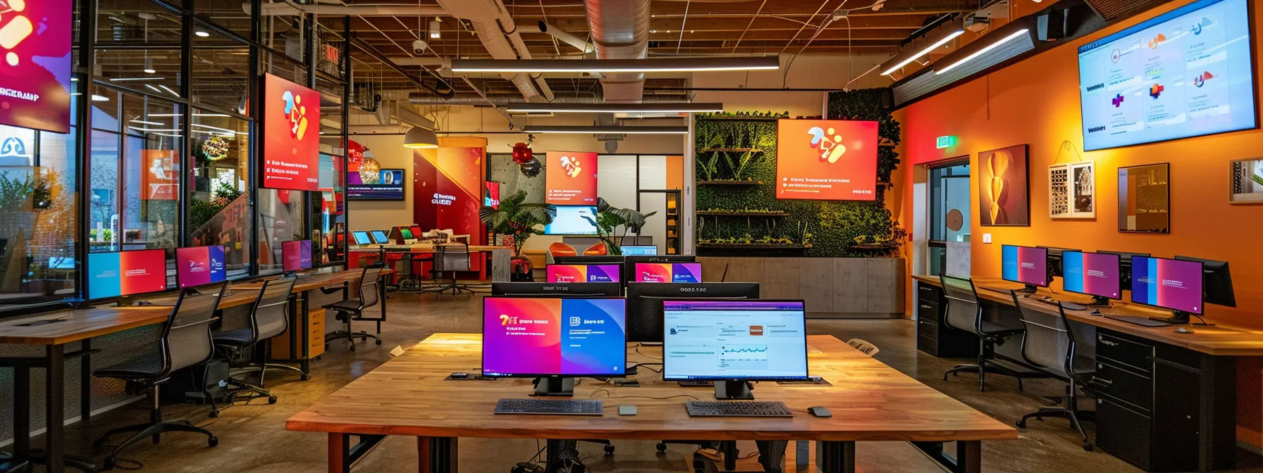 a bright, modern office workspace is filled with sleek laptops displaying colorful mailchimp analytics and email campaign designs, while a vibrant digital dashboard highlights insights on landing page performance and social media engagement.