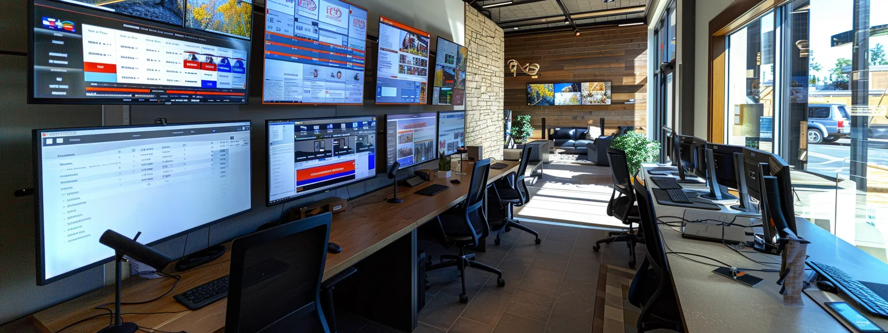 a bustling modern office space showcases realtors engaged in dynamic discussions around sleek monitors displaying integrated crm and website analytics, emphasizing successful strategies for client engagement and business growth.