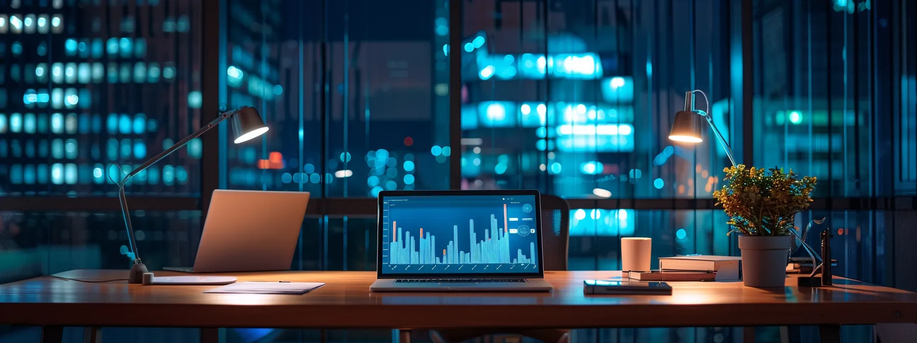 a contemporary office interior features a sleek laptop on a polished desk, illuminated by dynamic screens displaying digital marketing analytics and realtor listings, symbolizing the strategic blend of technology and real estate-focused lead generation.