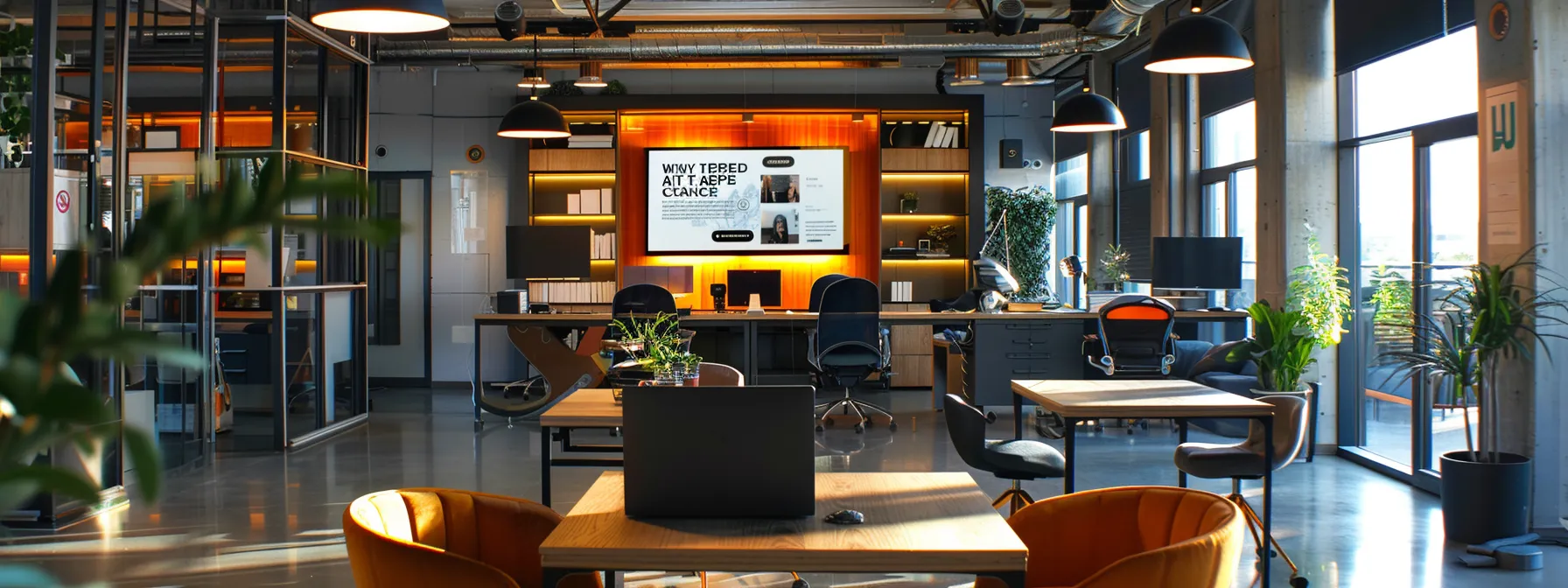 a contemporary office space features a sleek laptop displaying a vibrant 'why choose me' landing page, adorned with eye-catching testimonials and bold key skills, illuminated by focused desk lighting that highlights its professional atmosphere.