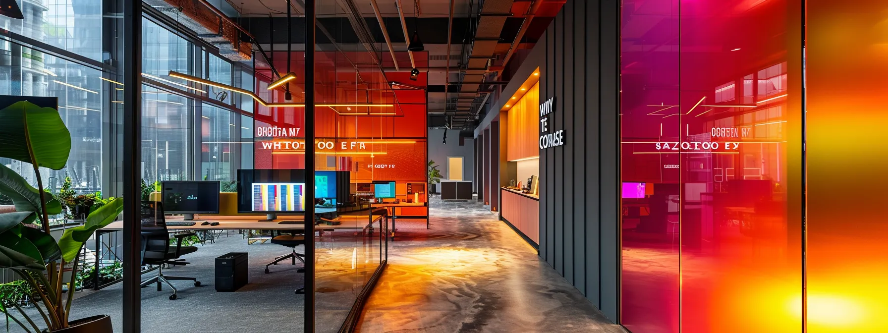 a contemporary office workspace features a sleek computer screen displaying a vibrant ‘why choose me’ webpage, surrounded by modern decor and motivational quotes that emphasize continuous improvement and professionalism.