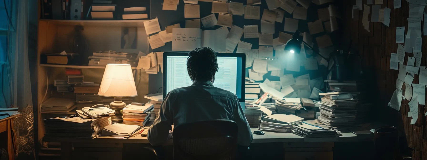 a dramatic office setting showcases a distressed business professional staring at a chaotic pile of legal documents and a glaring computer screen, symbolizing the severe consequences of neglecting privacy policies and terms, with dim overhead lighting casting a tense atmosphere.