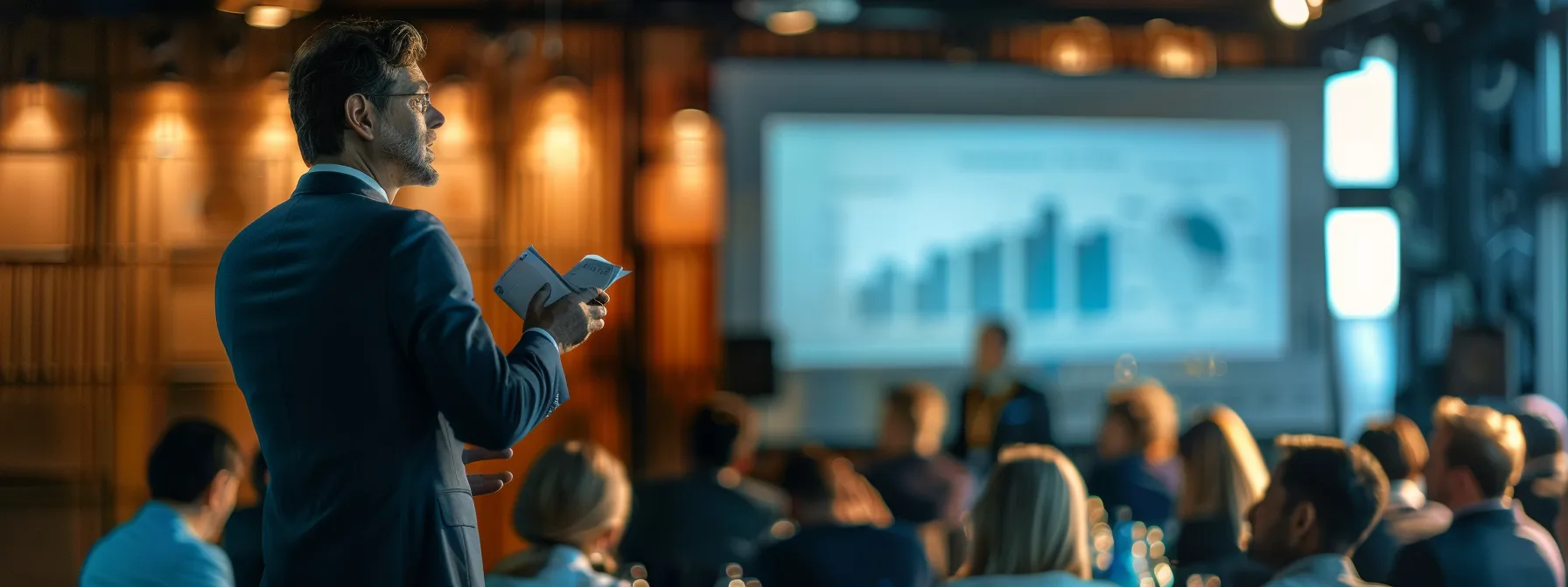 a dynamic indoor conference setting featuring a diverse group of real estate professionals engaged in animated discussions about successful lead generation strategies, with case studies and charts displayed prominently on modern screens.