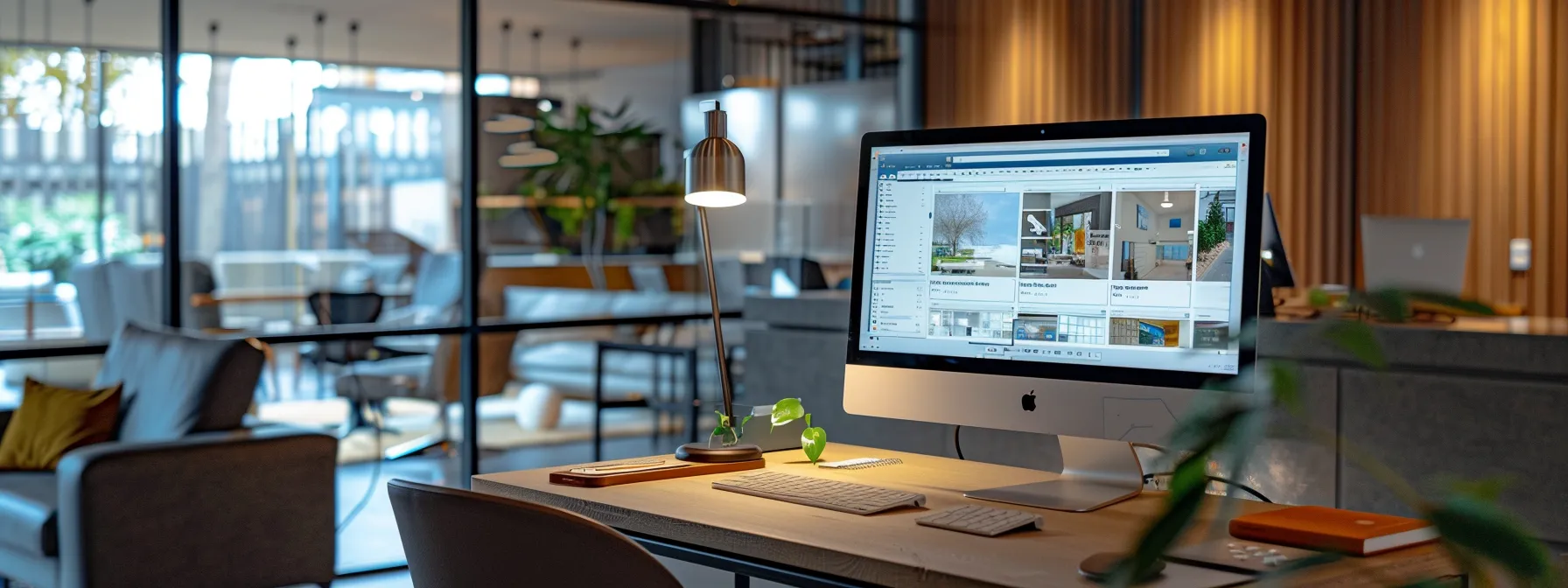 a dynamic, modern real estate office showcasing a sleek computer screen displaying an engaging property listing with digital search tools and virtual tour options highlighted, illuminated by bright, focused overhead lighting for a professional atmosphere.