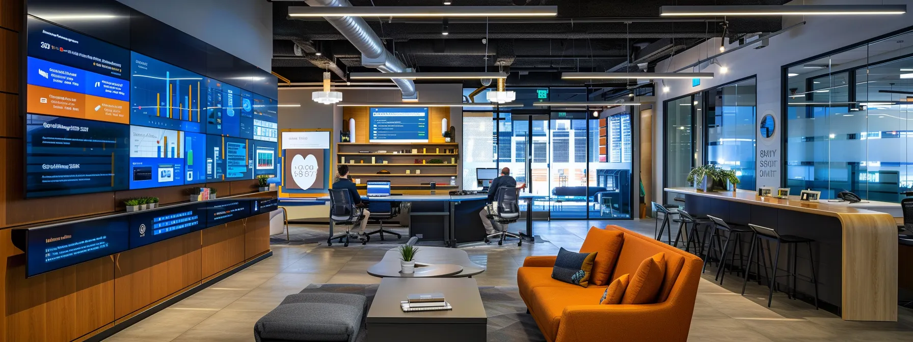 a dynamic office environment features a professional conversing with clients over sleek laptops, showcasing a digital platform for gathering testimonials, with charts and graphs on screens highlighting successful feedback management strategies.