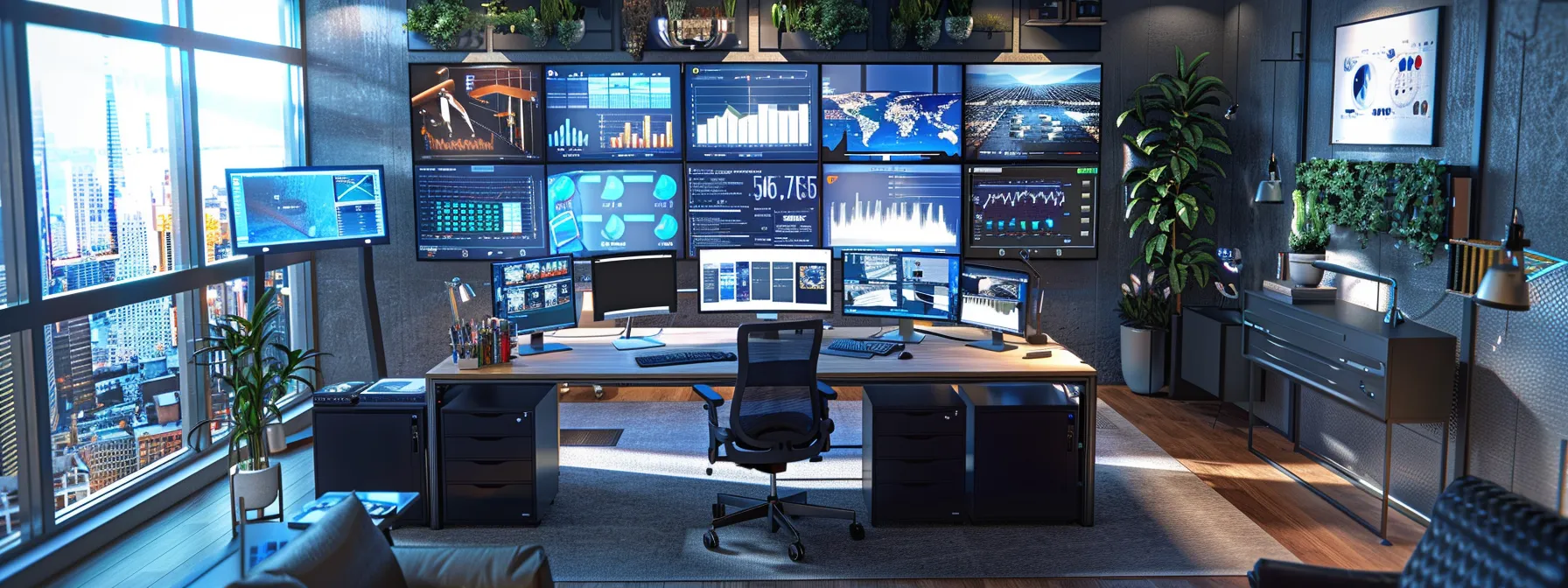 a dynamic office environment showcases advanced technology in action, featuring a modern workspace with multiple screens displaying crm analytics, chatbot interactions, and video marketing content, conveying a vibrant atmosphere of innovation and efficient communication.