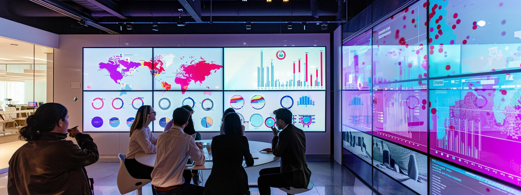 a dynamic office interior features a focused team engaged in a strategy session surrounded by digital marketing charts and graphs, symbolizing their mission to identify target audiences and tailor real estate insights effectively.