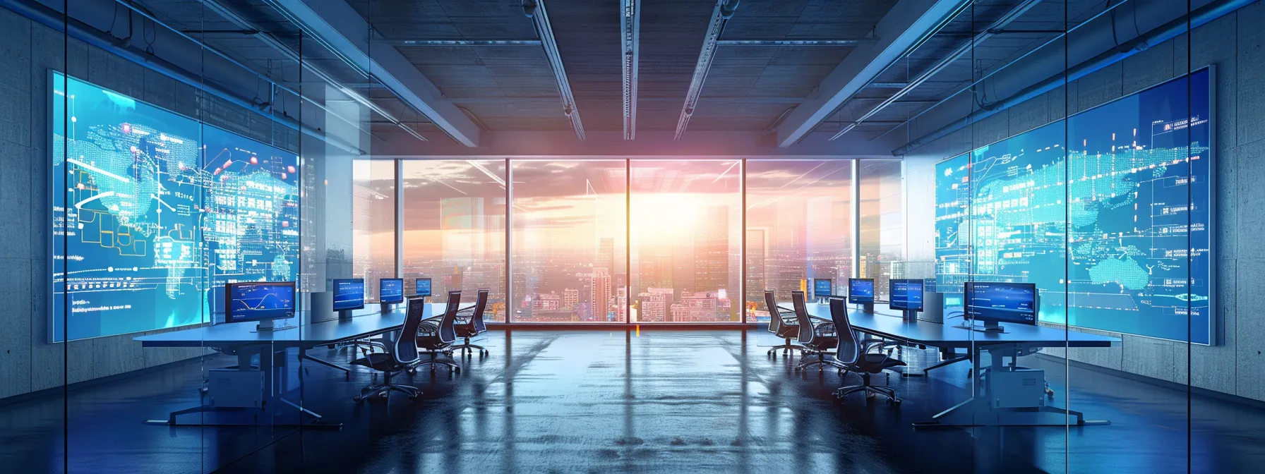 a dynamic office workspace filled with vibrant digital screens displaying complex data flows and crm dashboards, symbolizing the integration challenges faced by realtors.