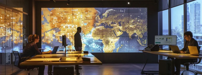 a dynamic urban office interior showcases a focused professional analyzing data on a modern laptop, surrounded by a digital map of potential seller leads displayed on a sleek screen, illuminated by soft overhead lighting that emphasizes the determination and strategy at play.