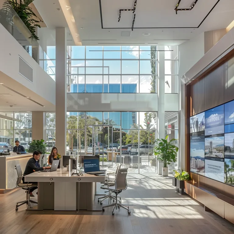 a dynamic urban real estate office bustling with activity, featuring a large digital display of property listings, engaged professionals collaborating at sleek modern desks, and an emphasis on strategic planning and profit maximization in wholesale real estate.